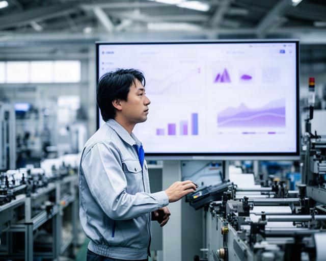 広島県の製造工場で管理者が大型モニターの生産KPIを確認している様子